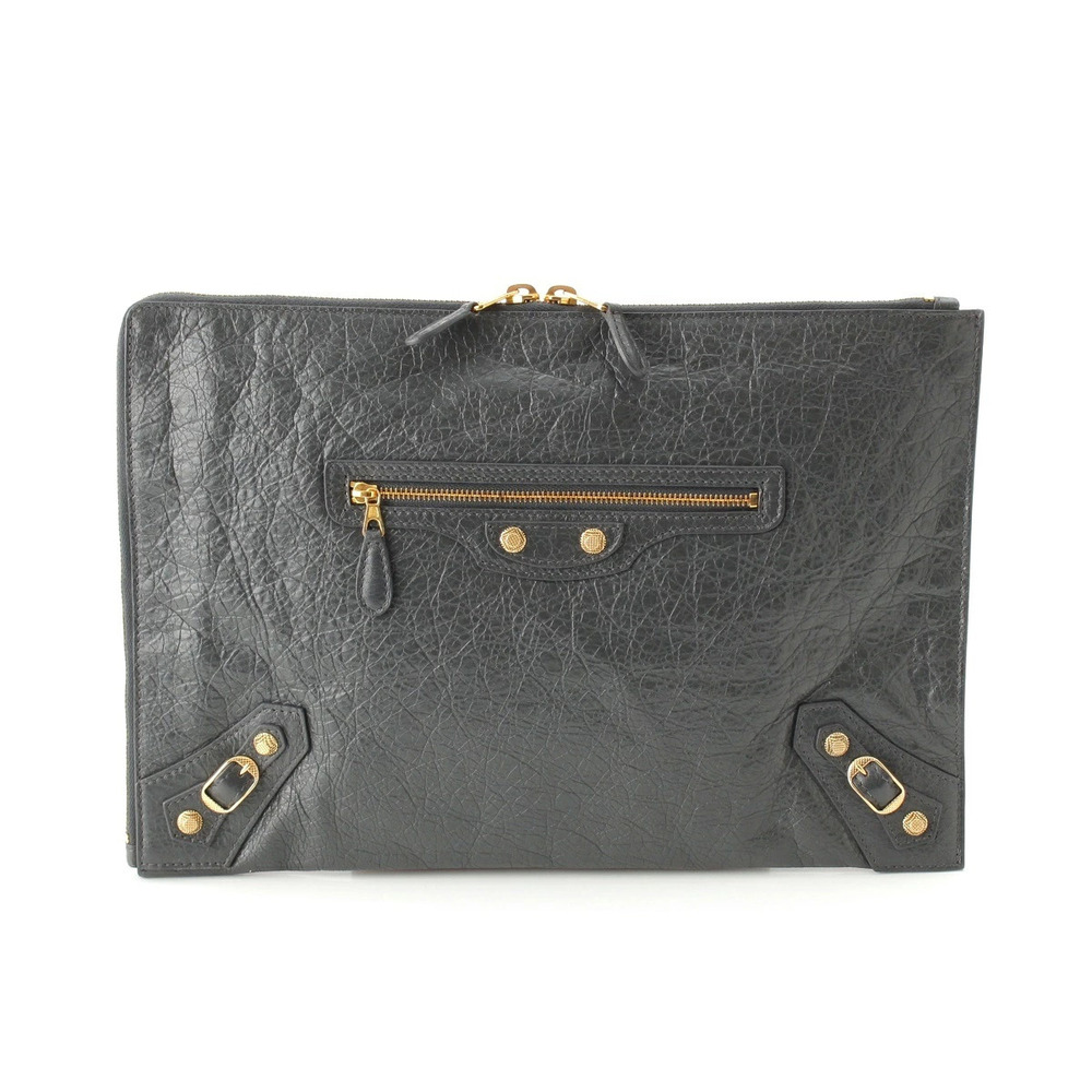 Balenciaga The Giant City Leather Zip Shoulder Clutch Bag Gray x Gold